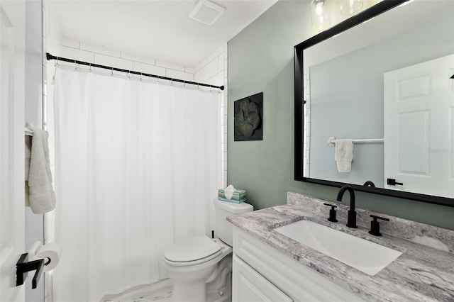 bathroom with visible vents, toilet, vanity, and a shower with shower curtain