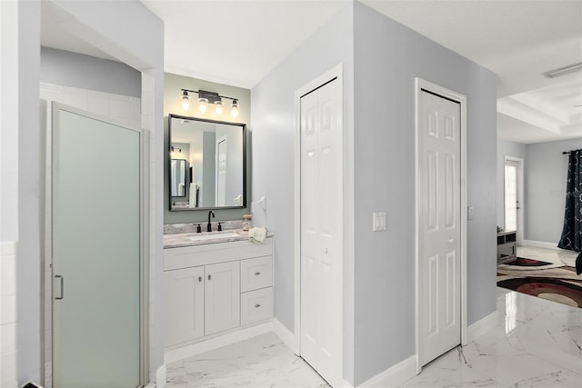 full bath featuring a closet, visible vents, marble finish floor, and baseboards