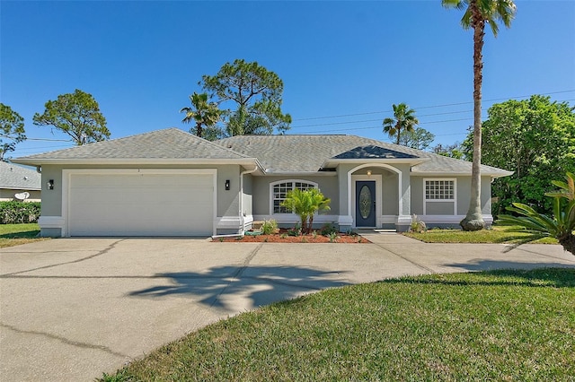 ranch-style house with concrete driveway, a front yard, roof with shingles, stucco siding, and a garage