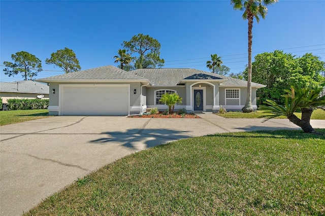 ranch-style home with stucco siding, driveway, a front lawn, and a garage