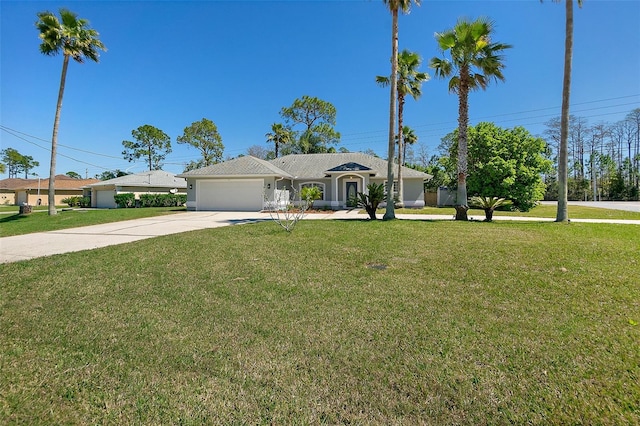 single story home featuring a front lawn, a garage, and driveway