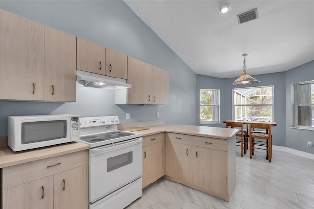 kitchen with under cabinet range hood, light brown cabinetry, light countertops, a peninsula, and white appliances