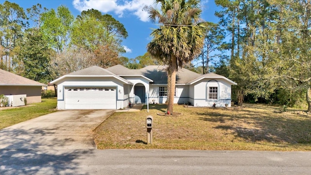 ranch-style house with stucco siding, driveway, a front lawn, and a garage