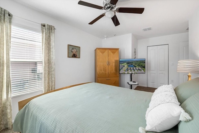 bedroom featuring a closet, visible vents, and ceiling fan