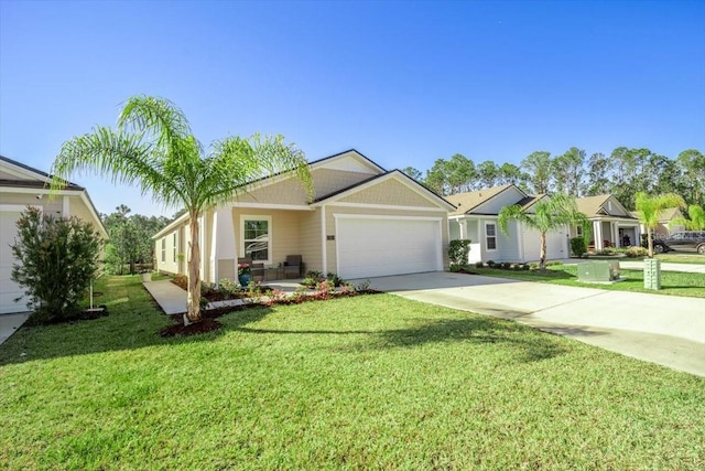 ranch-style home with driveway, an attached garage, and a front lawn