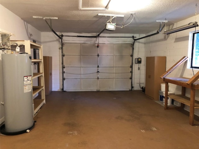 garage with concrete block wall, a garage door opener, and water heater