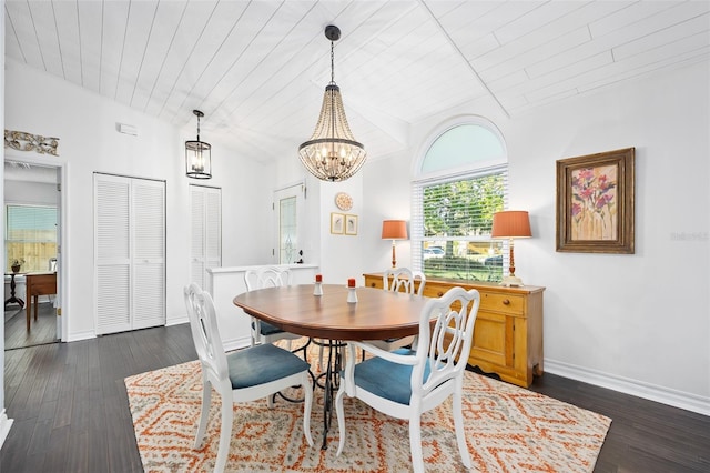 dining area with baseboards, lofted ceiling, wood ceiling, and dark wood-style floors