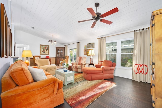 living room with visible vents, vaulted ceiling, dark wood-type flooring, wood ceiling, and ceiling fan with notable chandelier