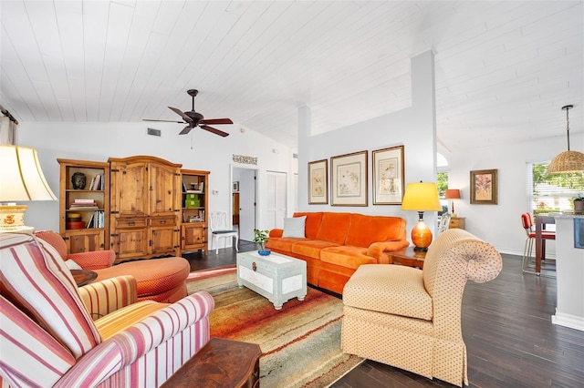 living area featuring dark wood-style floors, baseboards, ceiling fan, vaulted ceiling, and wooden ceiling