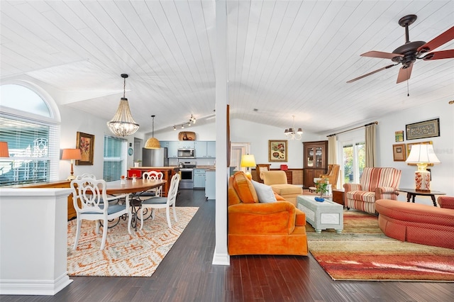 living area featuring dark wood-style floors, baseboards, vaulted ceiling, wooden ceiling, and ceiling fan with notable chandelier