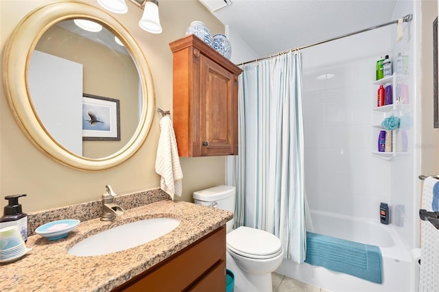 bathroom featuring toilet, vanity, tile patterned floors, shower / bath combination with curtain, and a textured ceiling