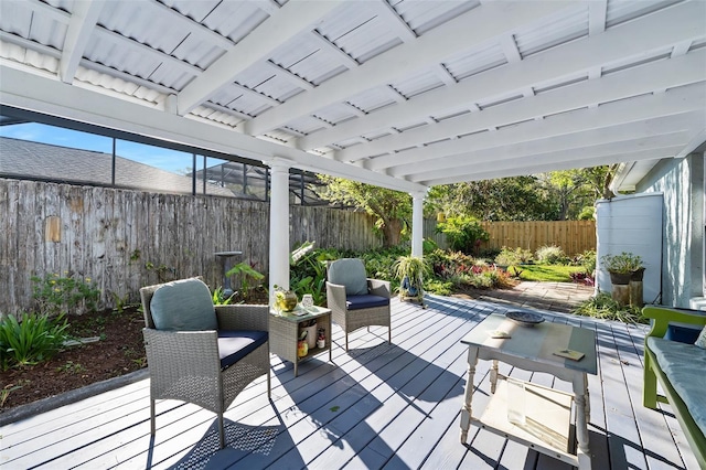 wooden deck with a fenced backyard