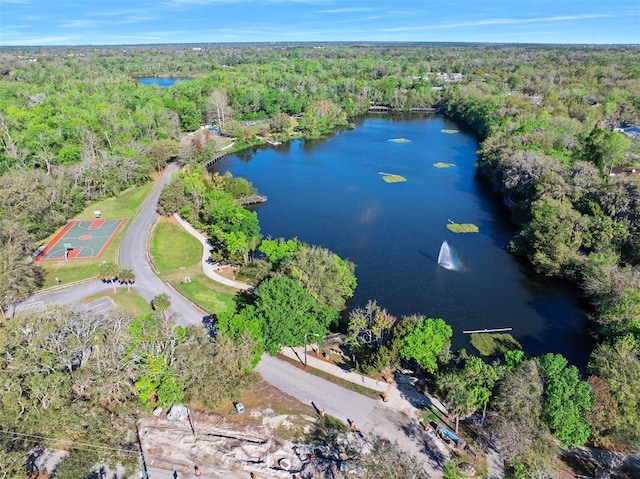 aerial view featuring a view of trees and a water view