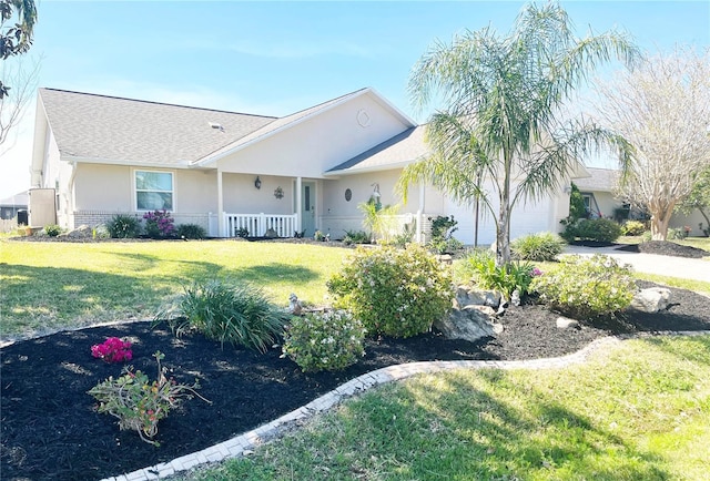 ranch-style home featuring stucco siding, driveway, a front lawn, covered porch, and an attached garage