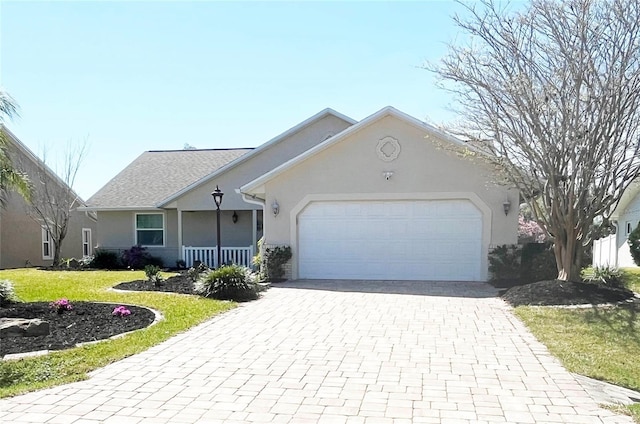 single story home featuring stucco siding, decorative driveway, and a garage