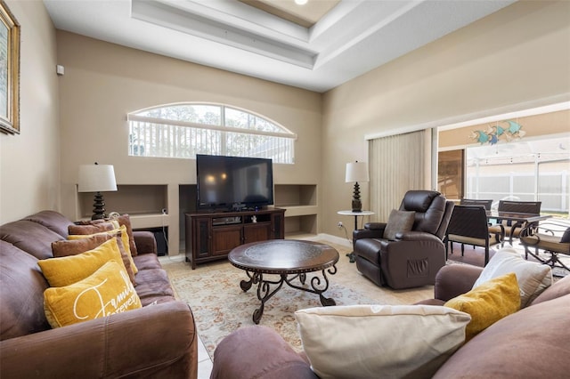 living area with a raised ceiling