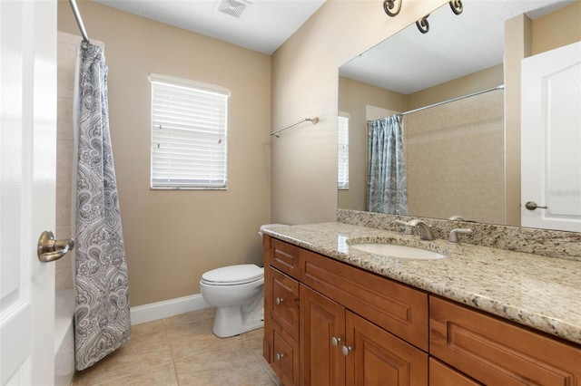 full bath with vanity, baseboards, visible vents, tile patterned floors, and toilet