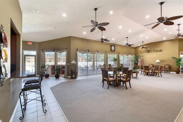 dining area featuring recessed lighting, a healthy amount of sunlight, ceiling fan, and light tile patterned flooring