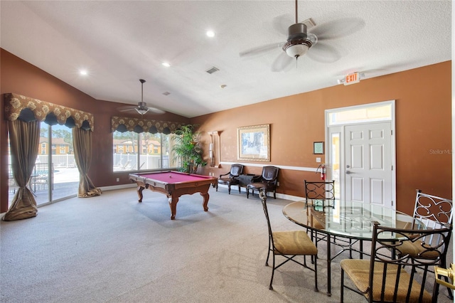 playroom featuring visible vents, pool table, lofted ceiling, and a ceiling fan