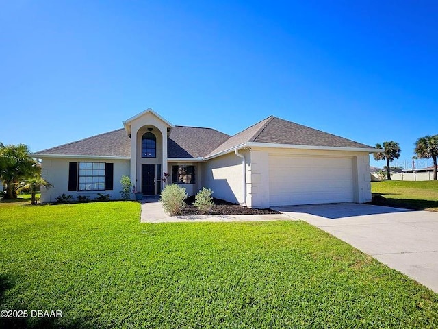 single story home with stucco siding, a front lawn, concrete driveway, a shingled roof, and a garage