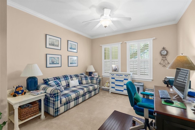 office area featuring carpet flooring, a ceiling fan, and ornamental molding