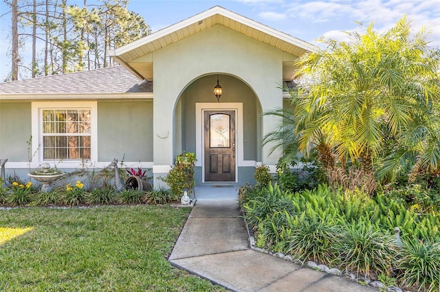 view of exterior entry featuring stucco siding, a lawn, and roof with shingles