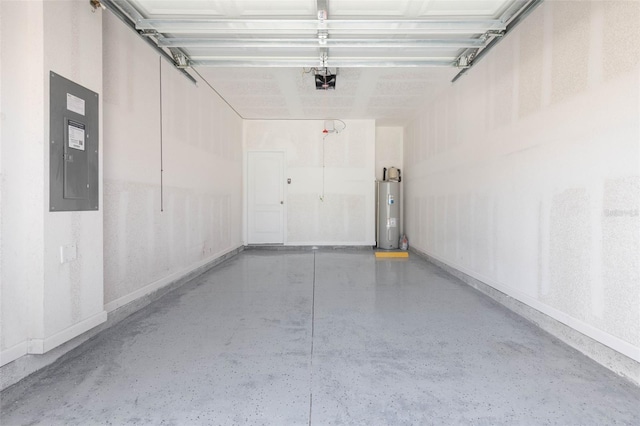 garage featuring electric panel, a garage door opener, and electric water heater