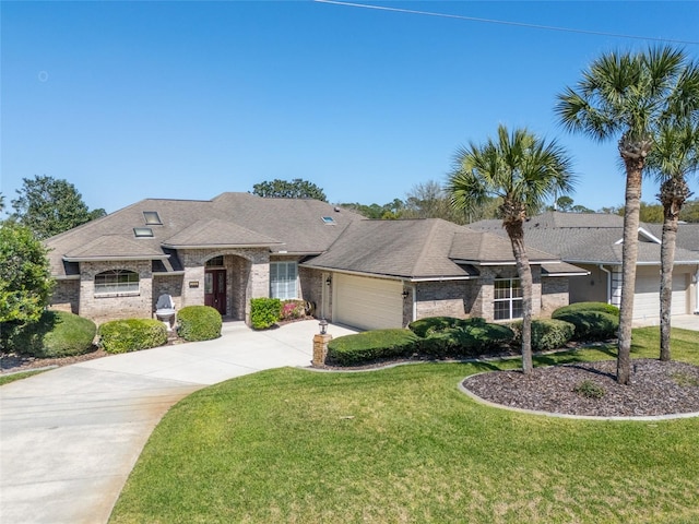 view of front of house with brick siding, concrete driveway, a garage, and a front yard