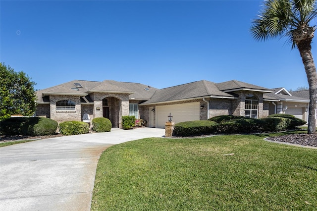 view of front of house featuring a garage, brick siding, concrete driveway, and a front lawn