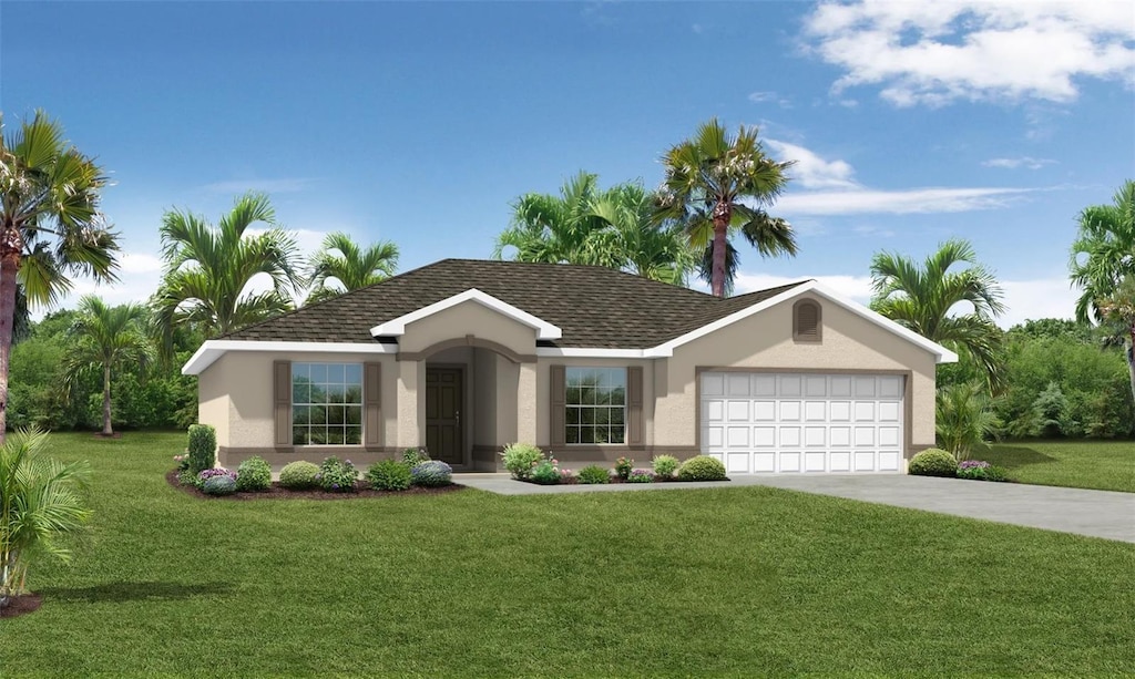 single story home with a front lawn, a garage, driveway, and stucco siding