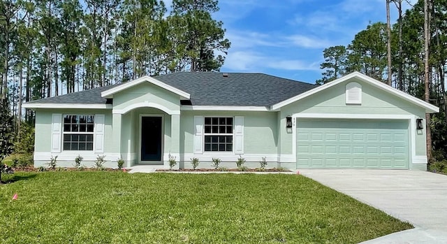 ranch-style home with a front yard, roof with shingles, stucco siding, driveway, and an attached garage