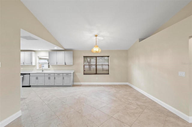 unfurnished living room with lofted ceiling, recessed lighting, baseboards, and a sink