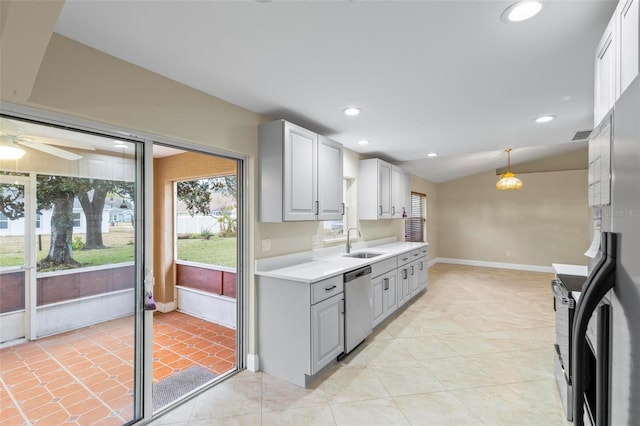 kitchen with gray cabinets, a sink, recessed lighting, light countertops, and dishwasher