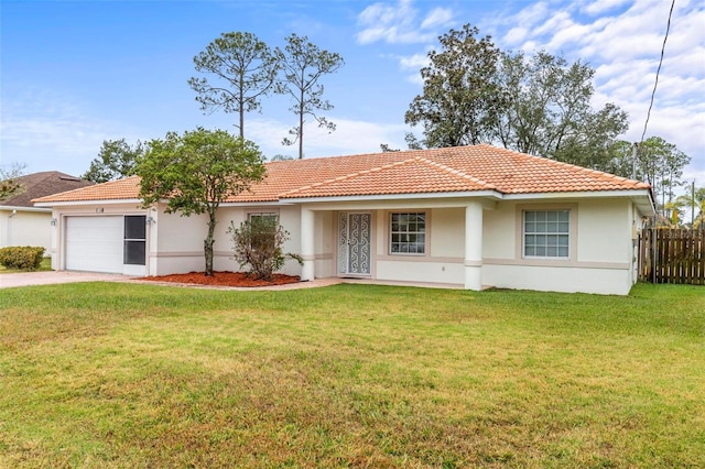 view of front facade featuring stucco siding, concrete driveway, a front lawn, and fence