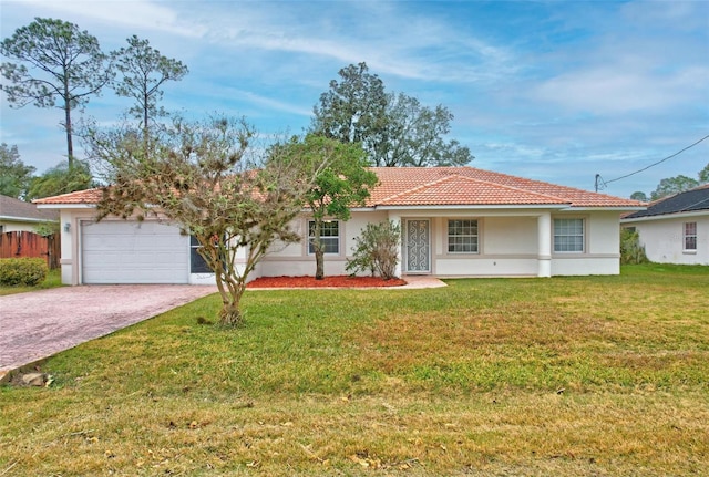 ranch-style house with a front yard, an attached garage, stucco siding, a tiled roof, and decorative driveway