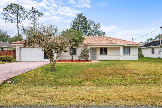 ranch-style home featuring a front yard, driveway, an attached garage, stucco siding, and a tiled roof