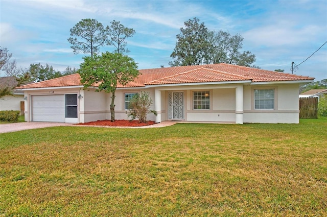 view of front of property featuring stucco siding, driveway, a garage, and a front lawn