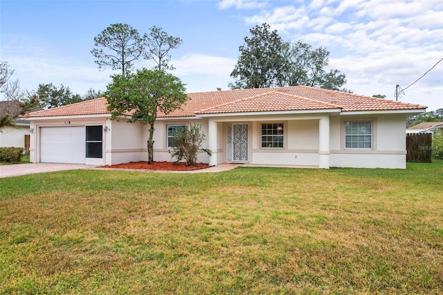 view of front facade featuring stucco siding, concrete driveway, a front lawn, a garage, and a tiled roof