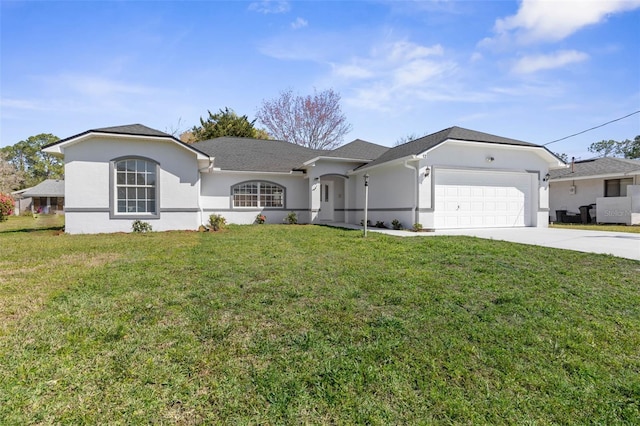 ranch-style home featuring a front lawn, concrete driveway, an attached garage, and stucco siding