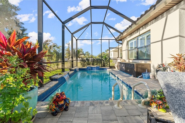 view of pool featuring a fenced in pool, a lanai, and a patio area