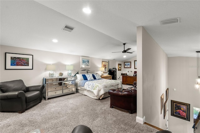 bedroom with visible vents, carpet, a ceiling fan, and vaulted ceiling