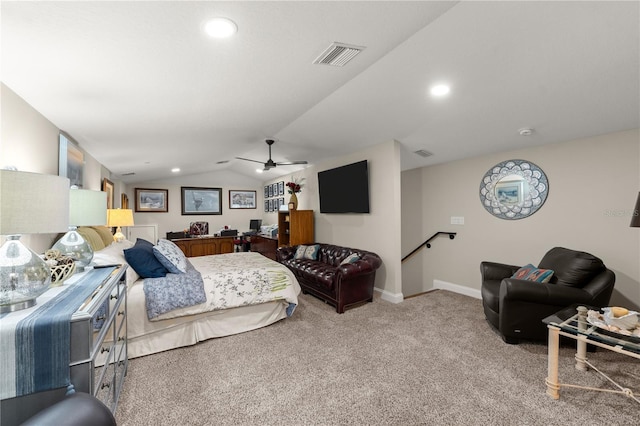 bedroom featuring visible vents, baseboards, ceiling fan, light colored carpet, and vaulted ceiling