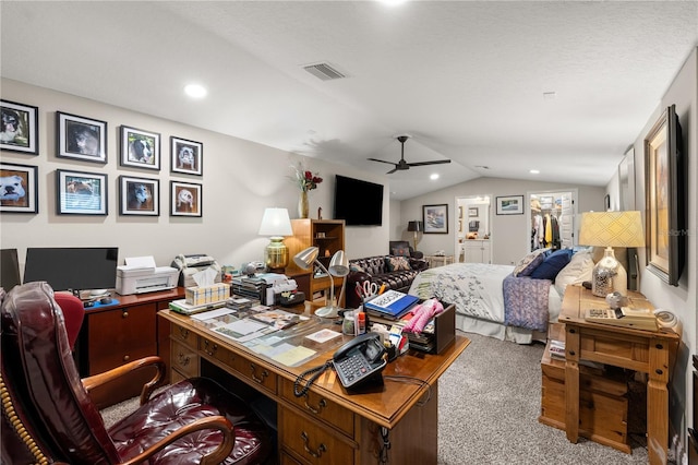 carpeted home office with recessed lighting, visible vents, lofted ceiling, and ceiling fan