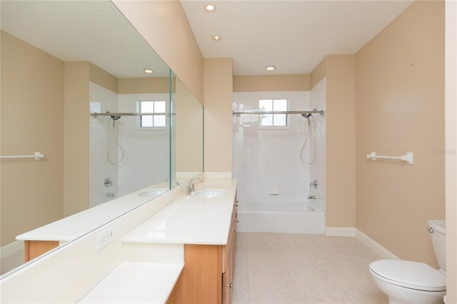 full bath featuring tile patterned flooring,  shower combination, toilet, and a sink