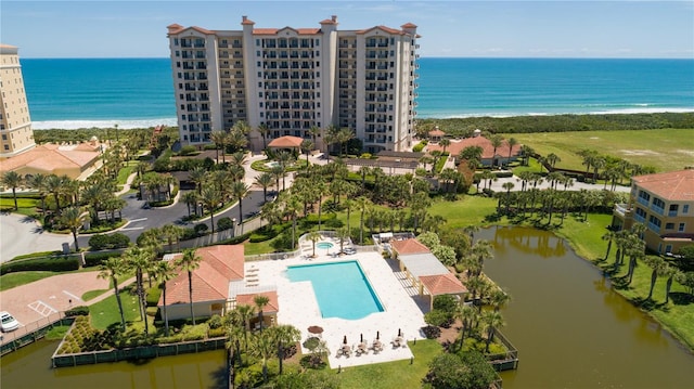 aerial view featuring a water view