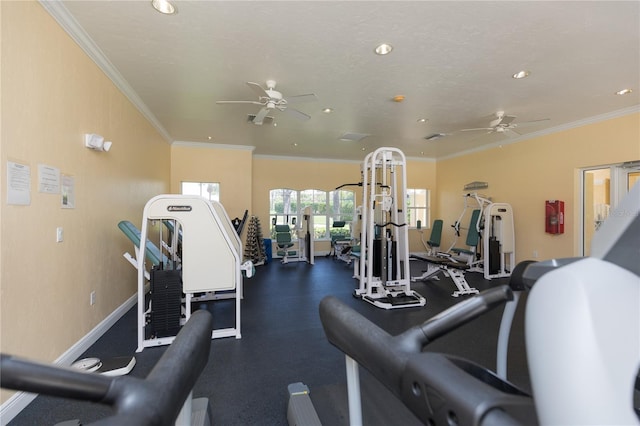 workout area featuring ceiling fan, baseboards, and ornamental molding