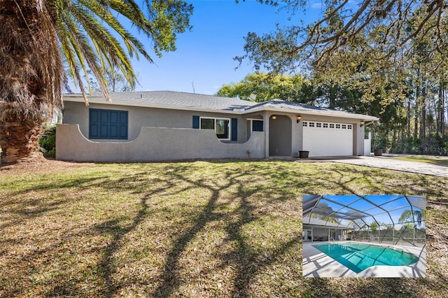 single story home featuring an outdoor pool, stucco siding, a front lawn, a garage, and a lanai