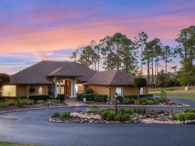 view of front of house with curved driveway, roof with shingles, and stucco siding