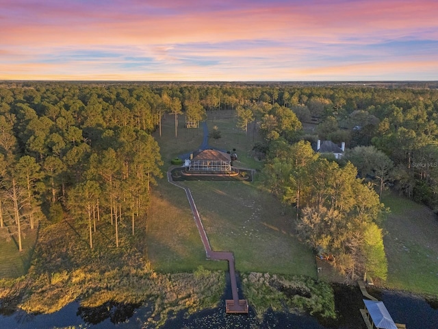 birds eye view of property featuring a view of trees