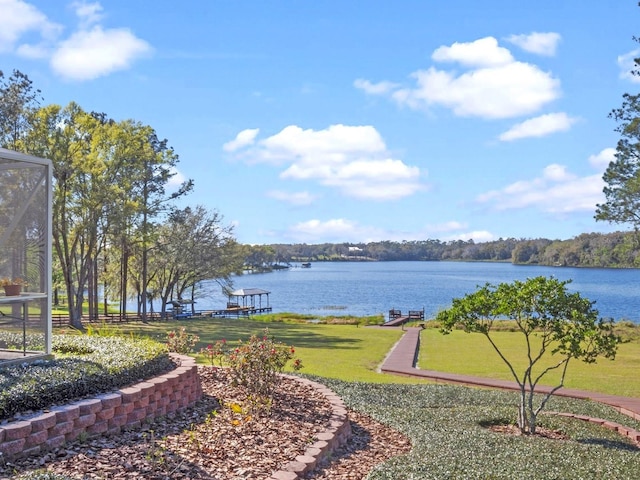 exterior space with a water view